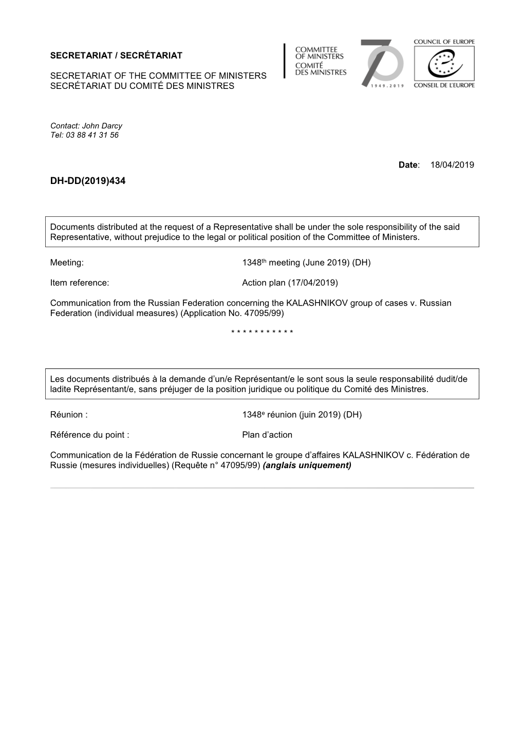 Committee of Ministers Secrétariat Du Comité Des Ministres