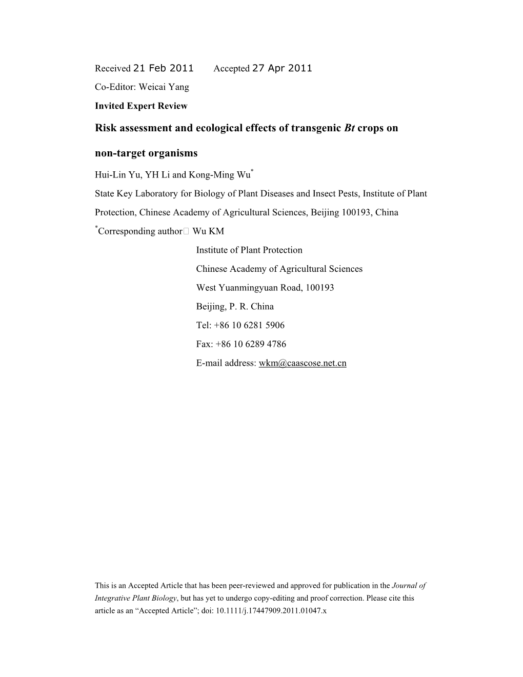 Risk Assessment and Ecological Effects of Transgenic Bt Crops on Non-Target Organisms