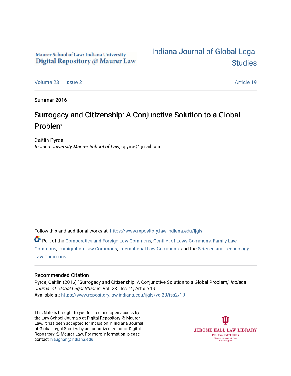 Surrogacy and Citizenship: a Conjunctive Solution to a Global Problem