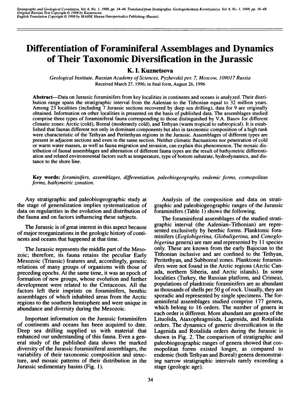Differentiation of Foraminiferal Assemblages and Dynamics of Their Taxonomic Diversification in the Jurassic K