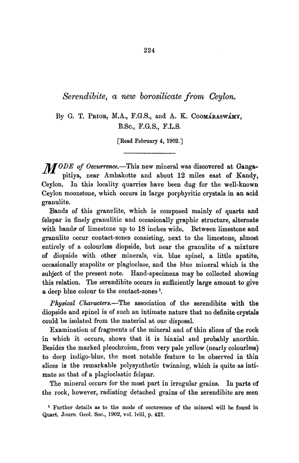 Serendibite, a New Borosilicate from Ceylon