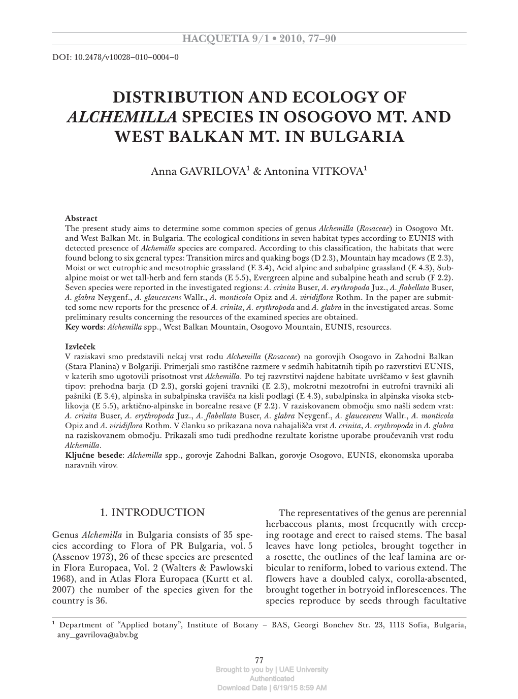 Distribution and Ecology of Alchemilla Species in Osogovo Mt. and West Balkan Mt. in Bulgaria