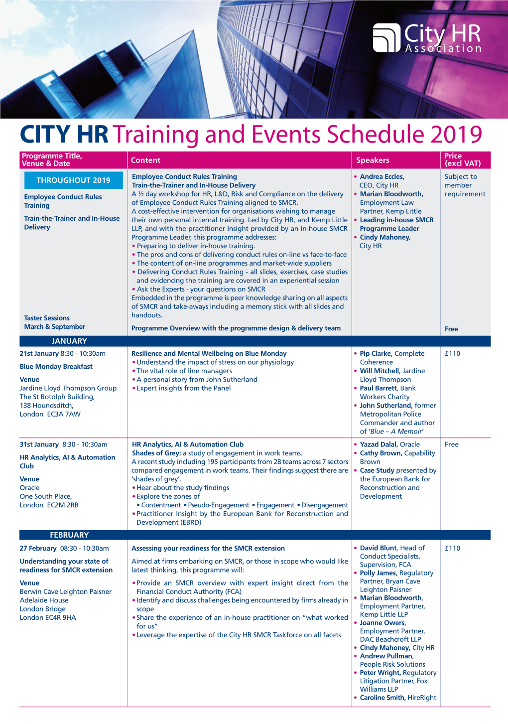 CITY HR Training and Events Schedule 2019 Programme Title, Price Venue & Date Content Speakers (Excl VAT)