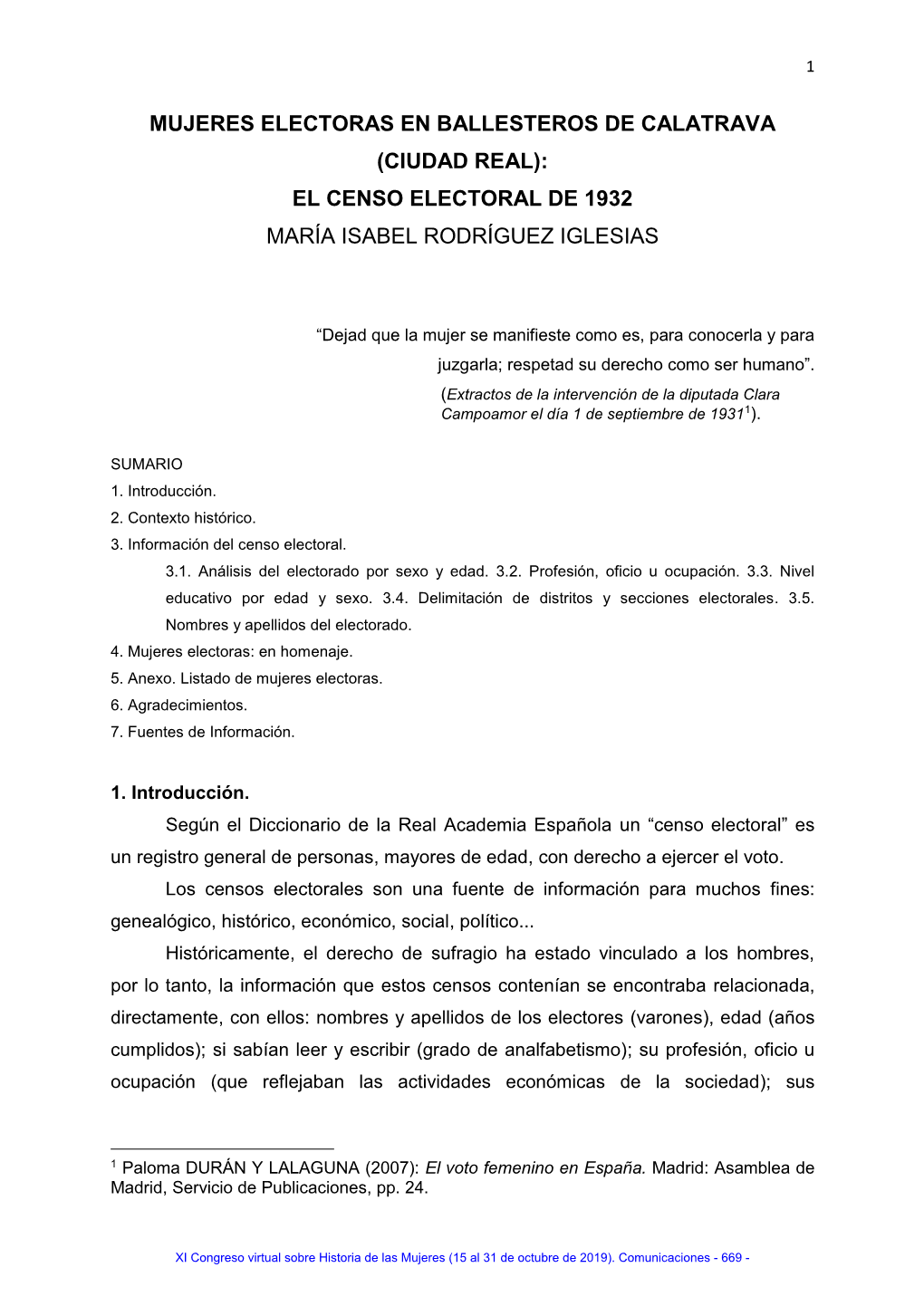 Mujeres Electoras En Ballesteros De Calatrava (Ciudad Real): El Censo Electoral De 1932 María Isabel Rodríguez Iglesias