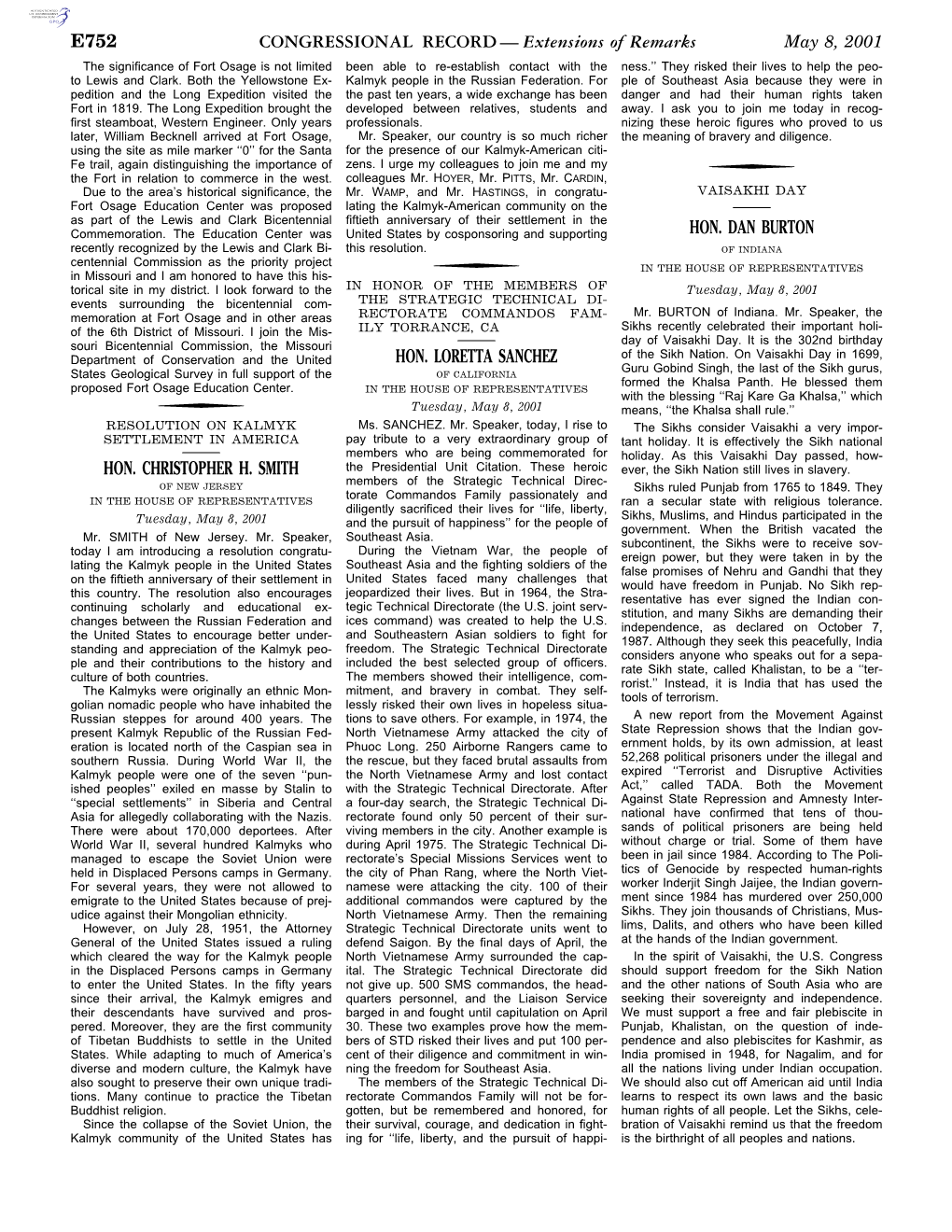 Extensions of Remarks E752 HON. CHRISTOPHER H. SMITH HON. LORETTA SANCHEZ HON. DAN BURTON