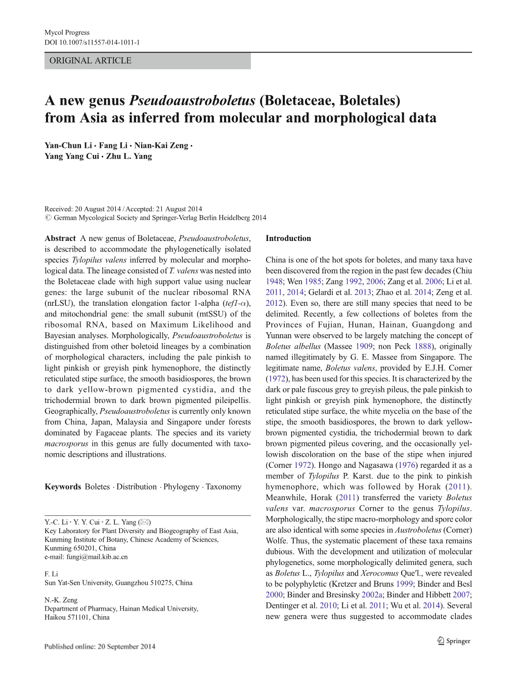 Boletaceae, Boletales) from Asia As Inferred from Molecular and Morphological Data