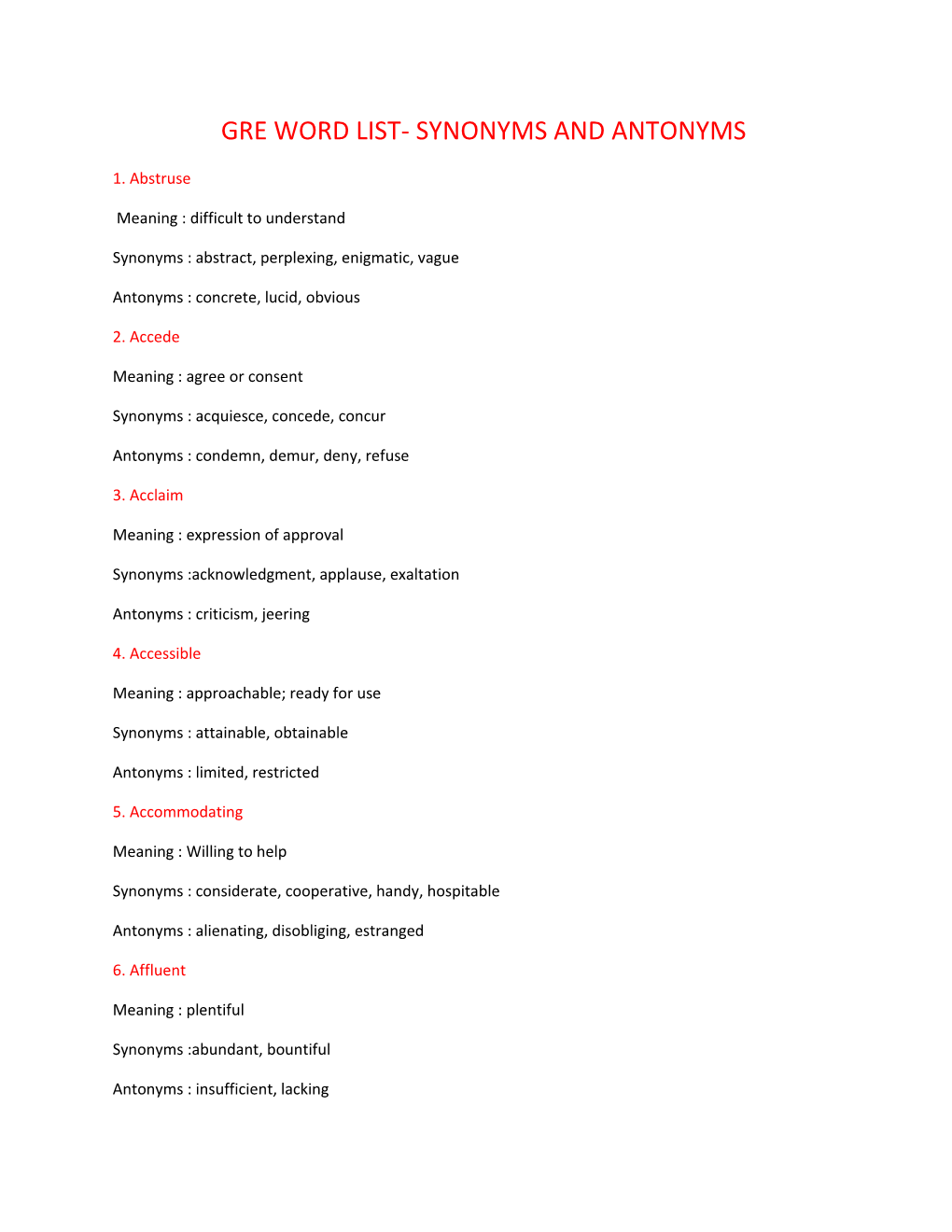 Gre Word List- Synonyms and Antonyms