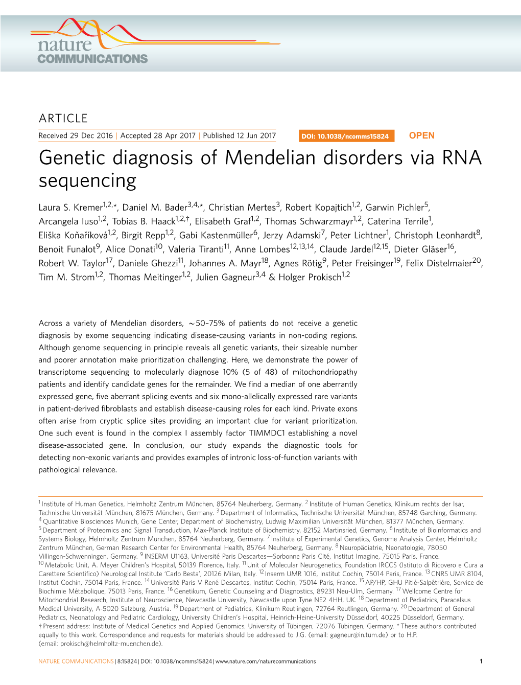 Genetic Diagnosis of Mendelian Disorders Via RNA Sequencing