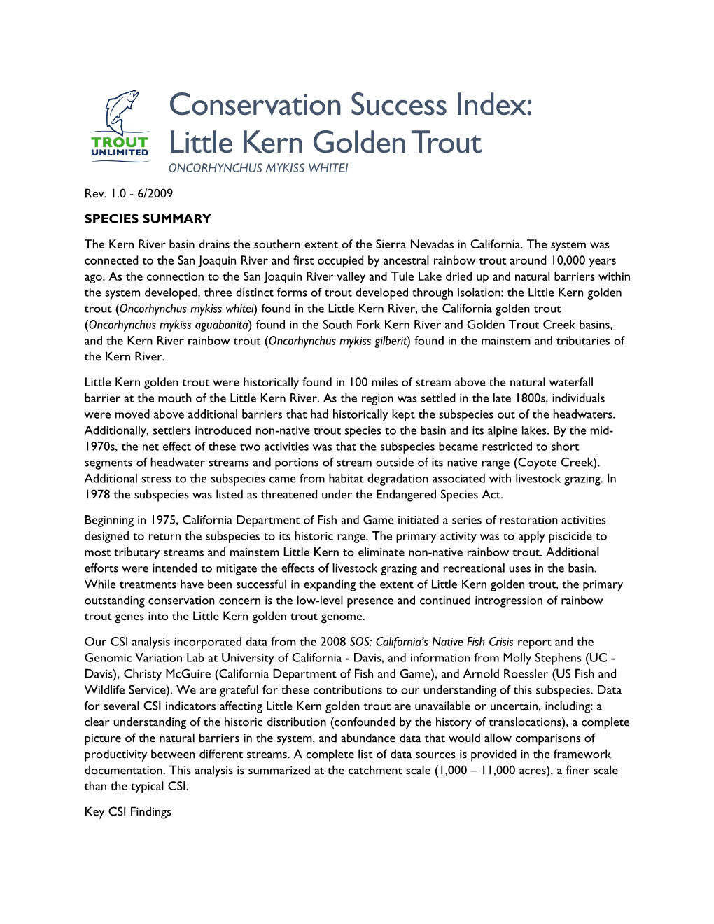 Conservation Success Index: Little Kern Golden Trout ONCORHYNCHUS MYKISS WHITEI Rev