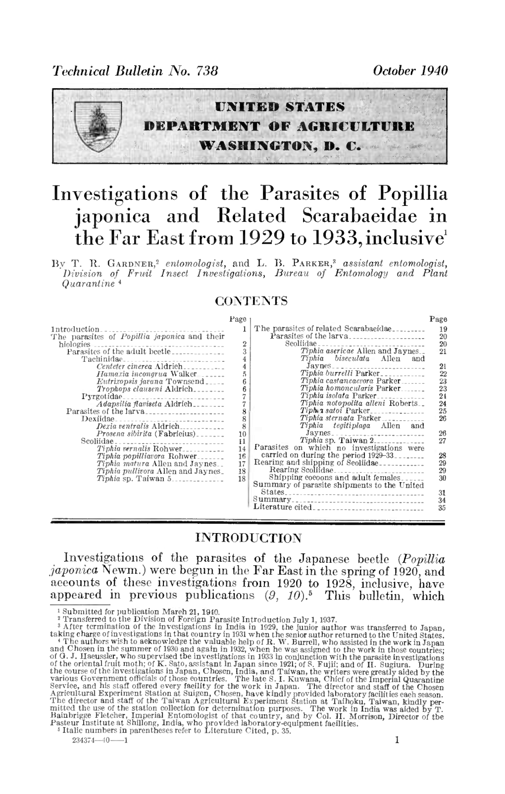 Investigations of the Parasites of Popillia Japónica and Related Scarabaeidae in the Far East from 1929 to 1933, Inclusive'
