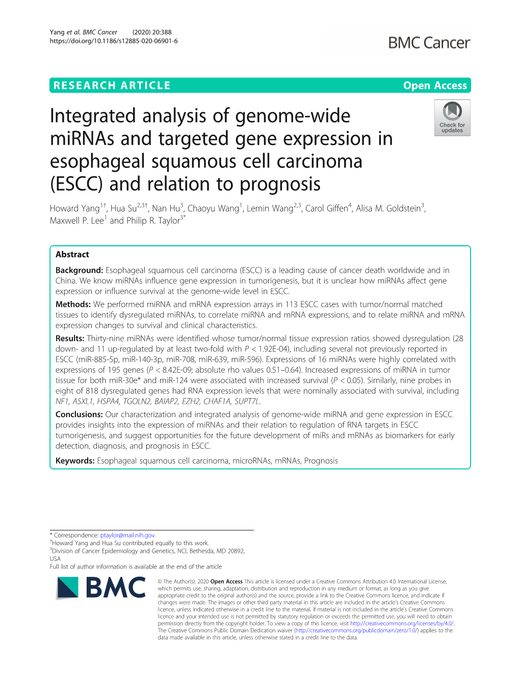 Integrated Analysis of Genome-Wide Mirnas and Targeted Gene Expression in Esophageal Squamous Cell Carcinoma (ESCC) and Relation