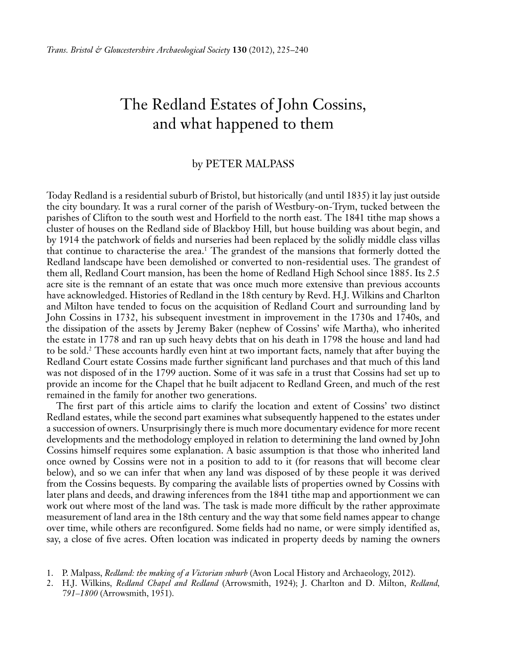 The Redland Estates of John Cossins, and What Happened to Them