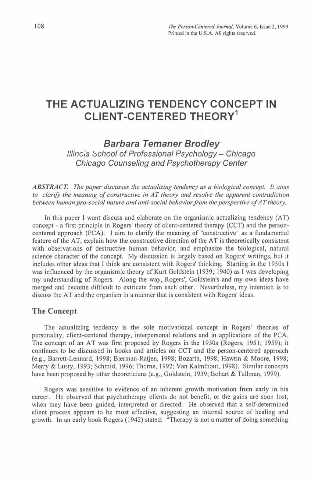 THE ACTUALIZING TENDENCY CONCEPT in CLIENT-CENTERED Theoryl