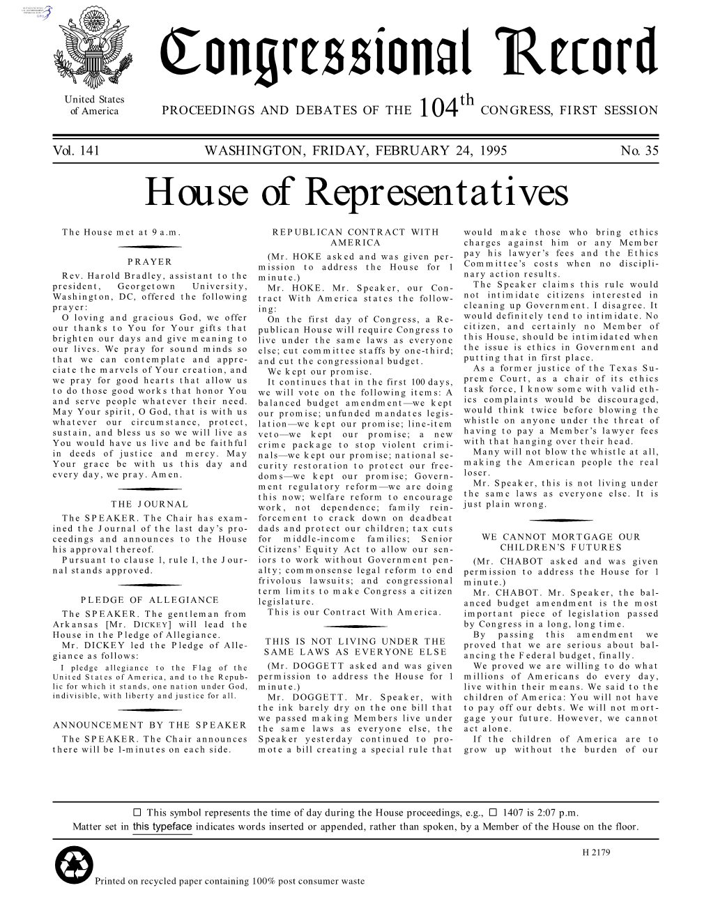 Congressional Record United States Th of America PROCEEDINGS and DEBATES of the 104 CONGRESS, FIRST SESSION