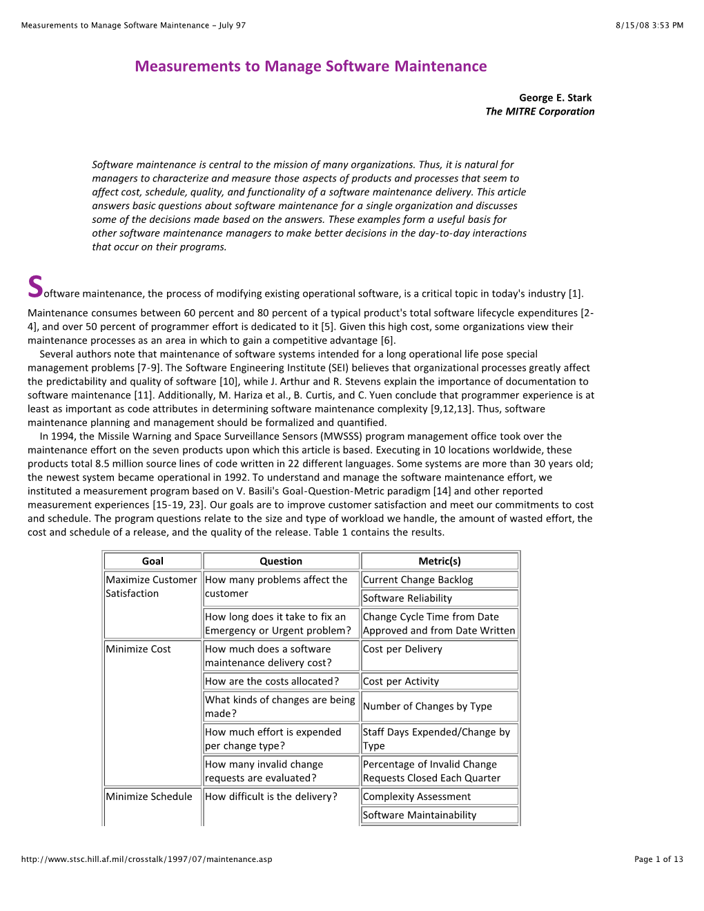 Measurements to Manage Software Maintenance - July 97 8/15/08 3:53 PM