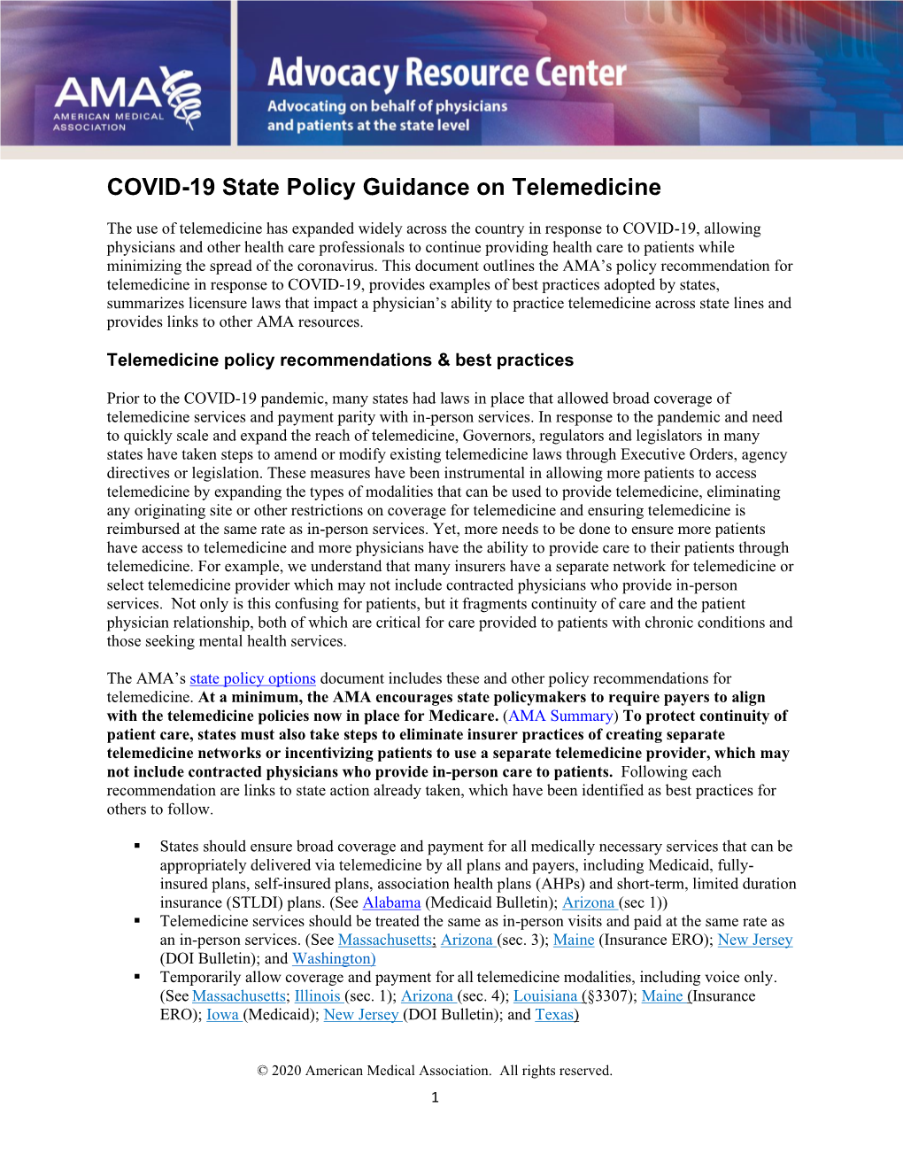 COVID-19 State Policy Guidance on Telemedicine |