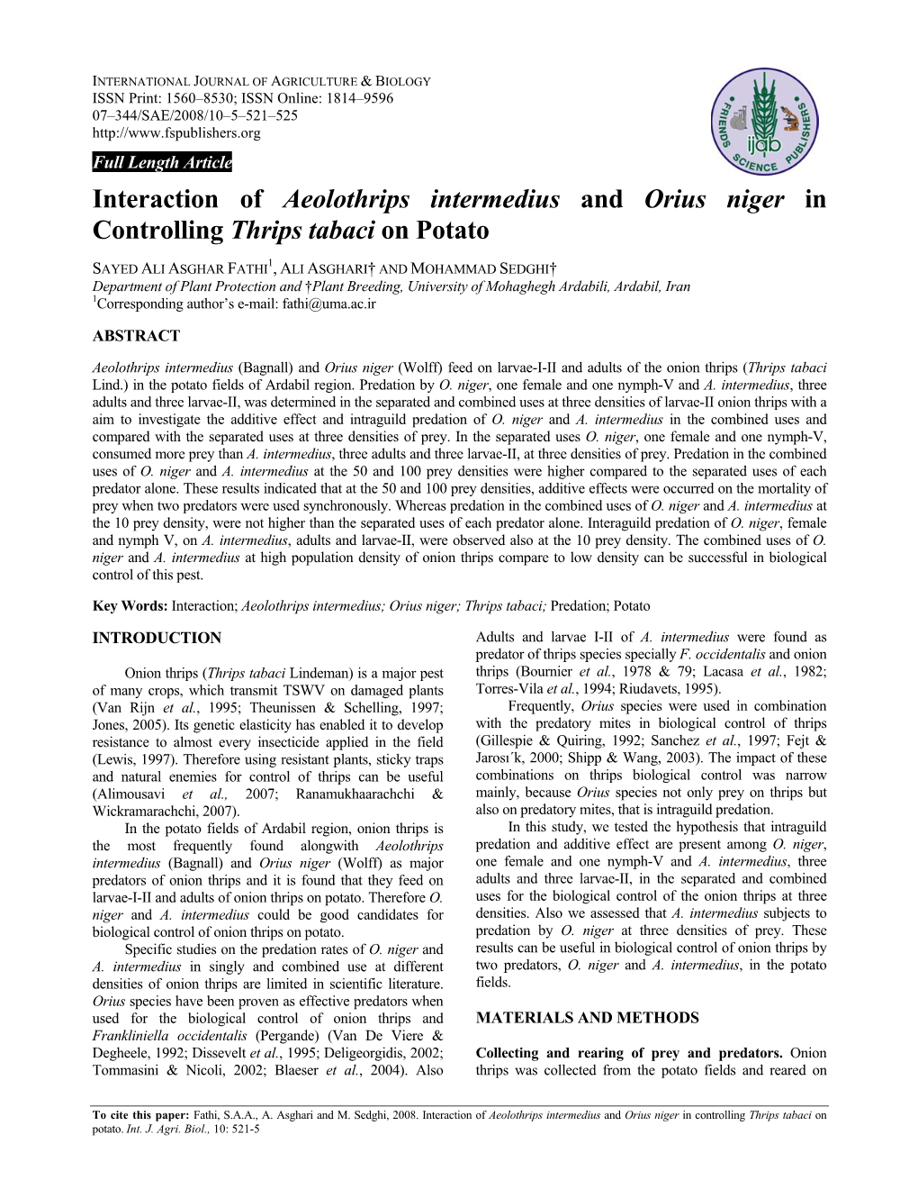 Interaction of Aeolothrips Intermedius and Orius Niger in Controlling Thrips Tabaci on Potato