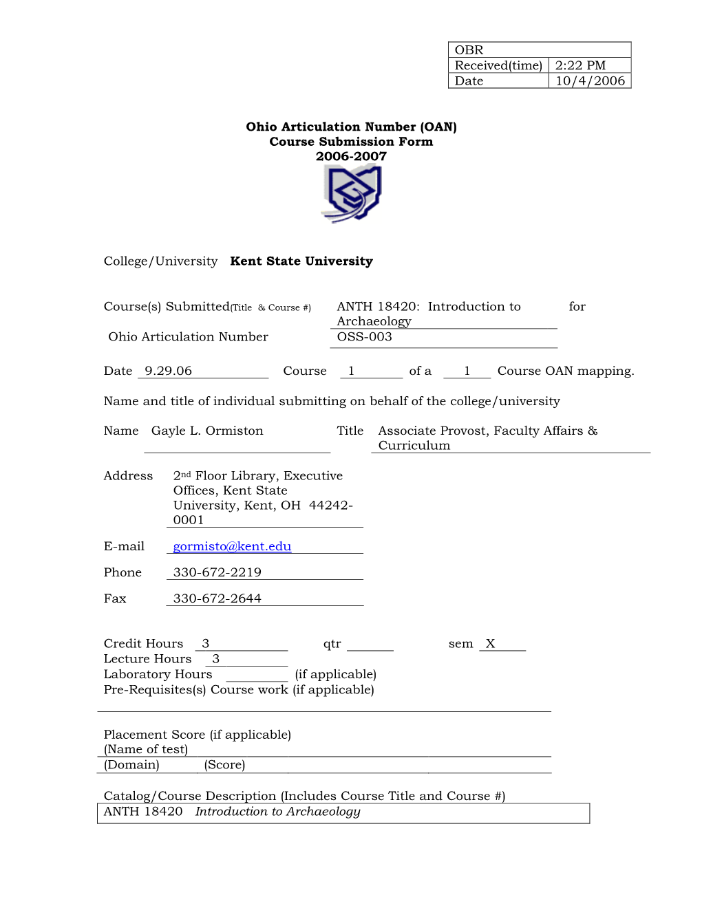 OAN) Course Submission Form 2006-2007