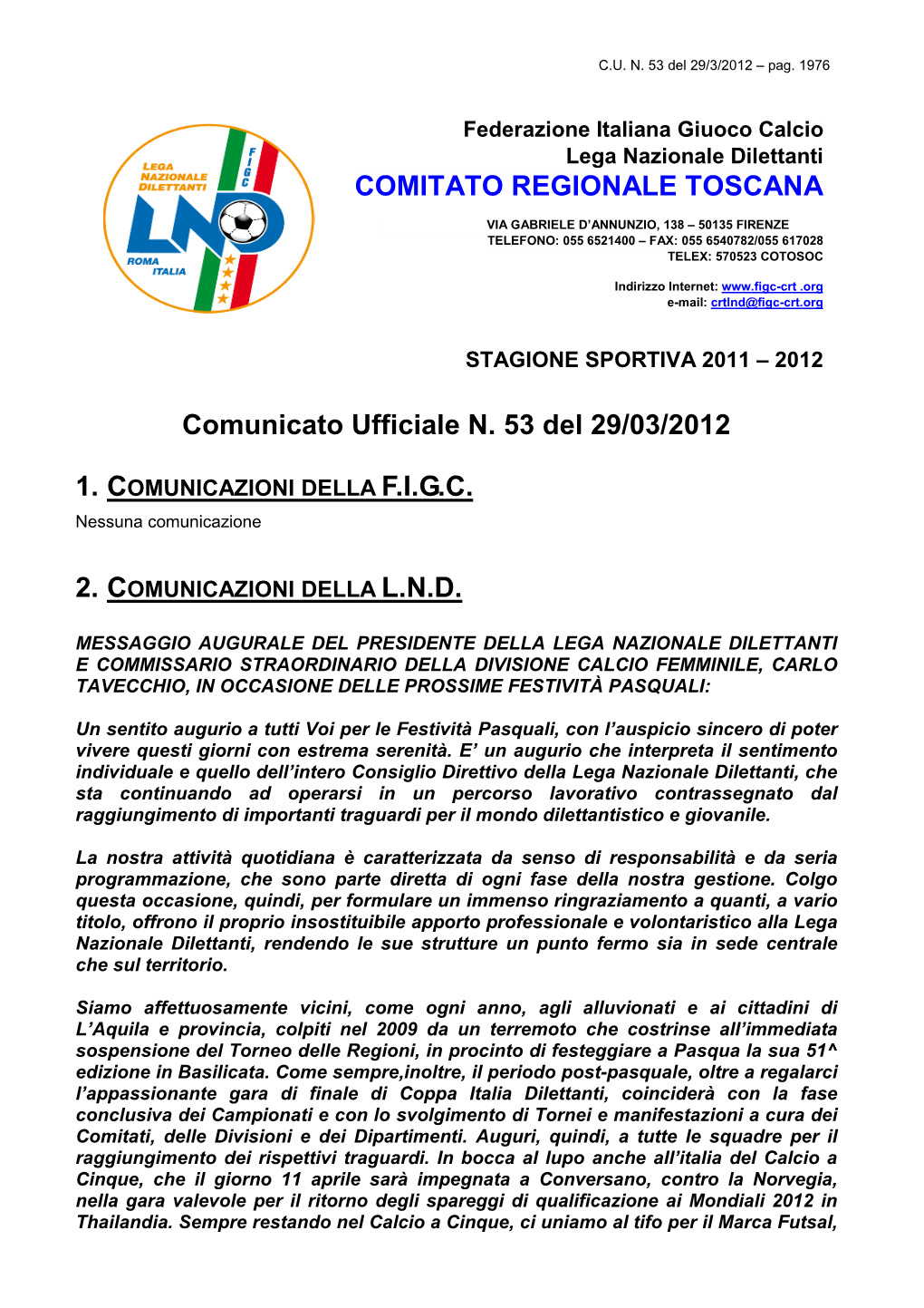 Comunicato Ufficiale N. 53 Del 29/03/2012 COMITATO