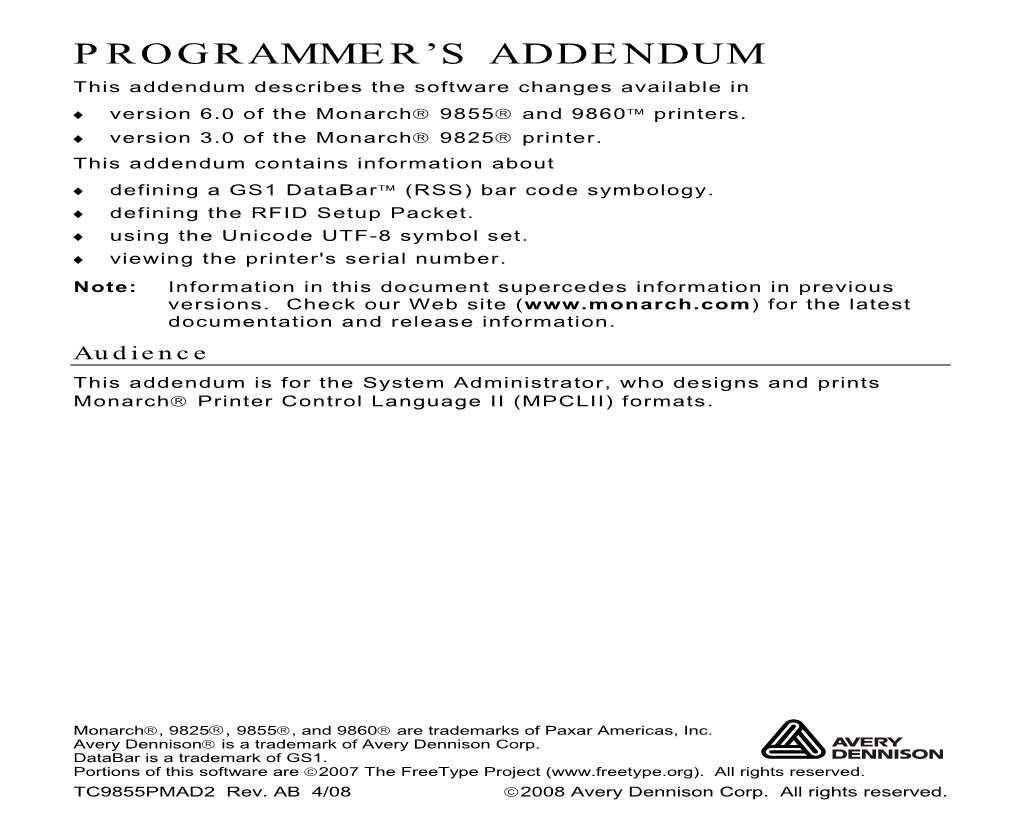 Programmer's Addendum