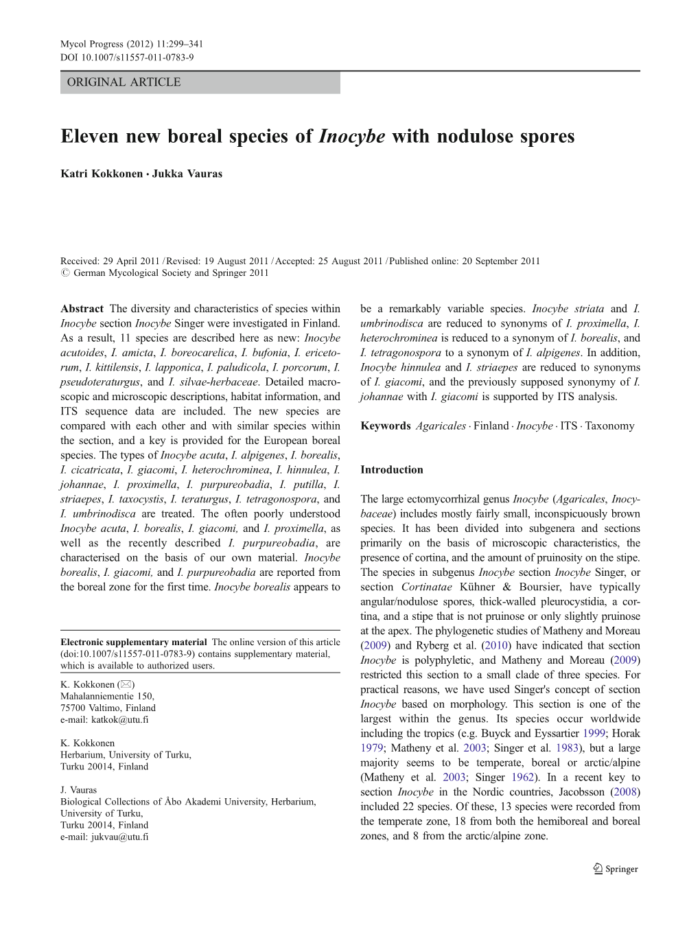 Eleven New Boreal Species of Inocybe with Nodulose Spores