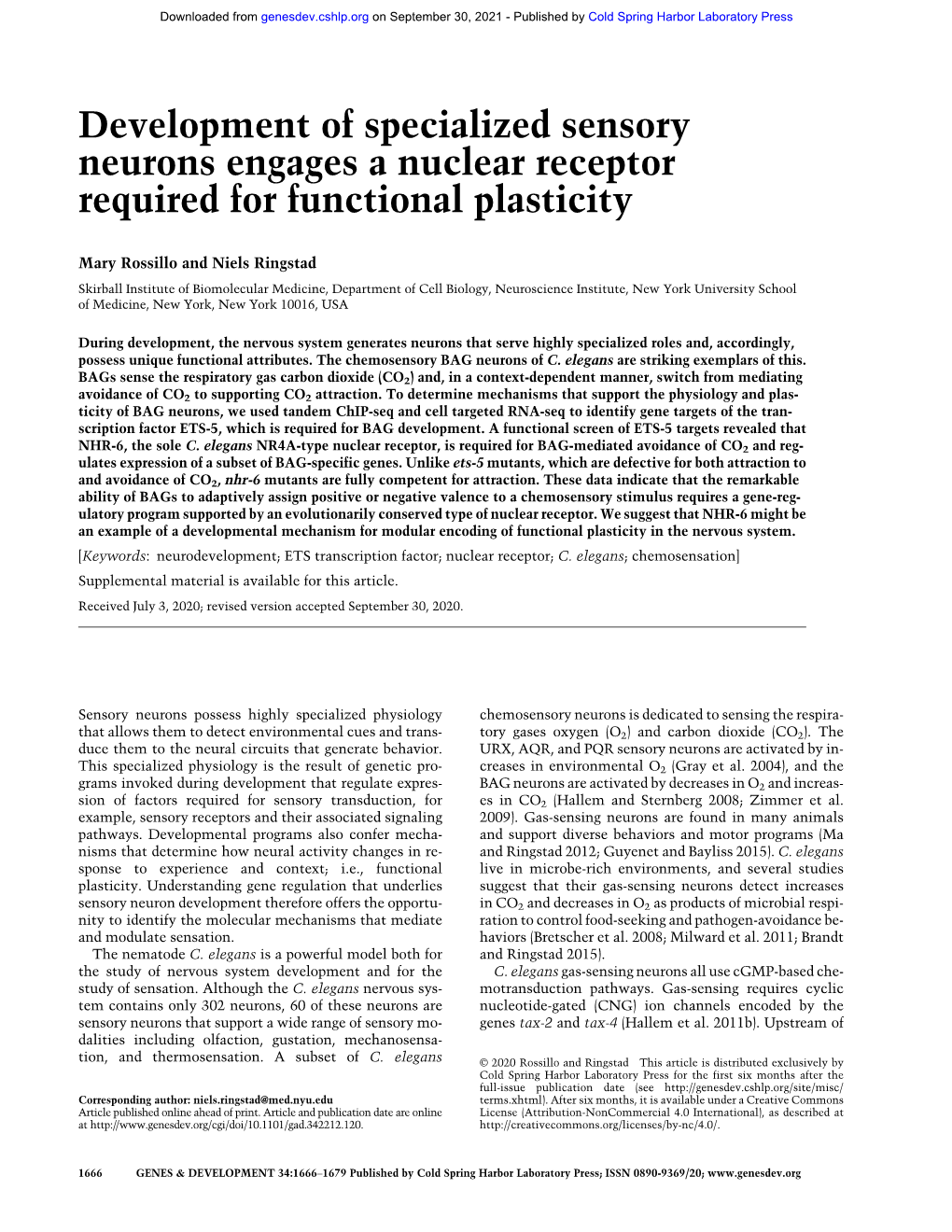 Development of Specialized Sensory Neurons Engages a Nuclear Receptor Required for Functional Plasticity