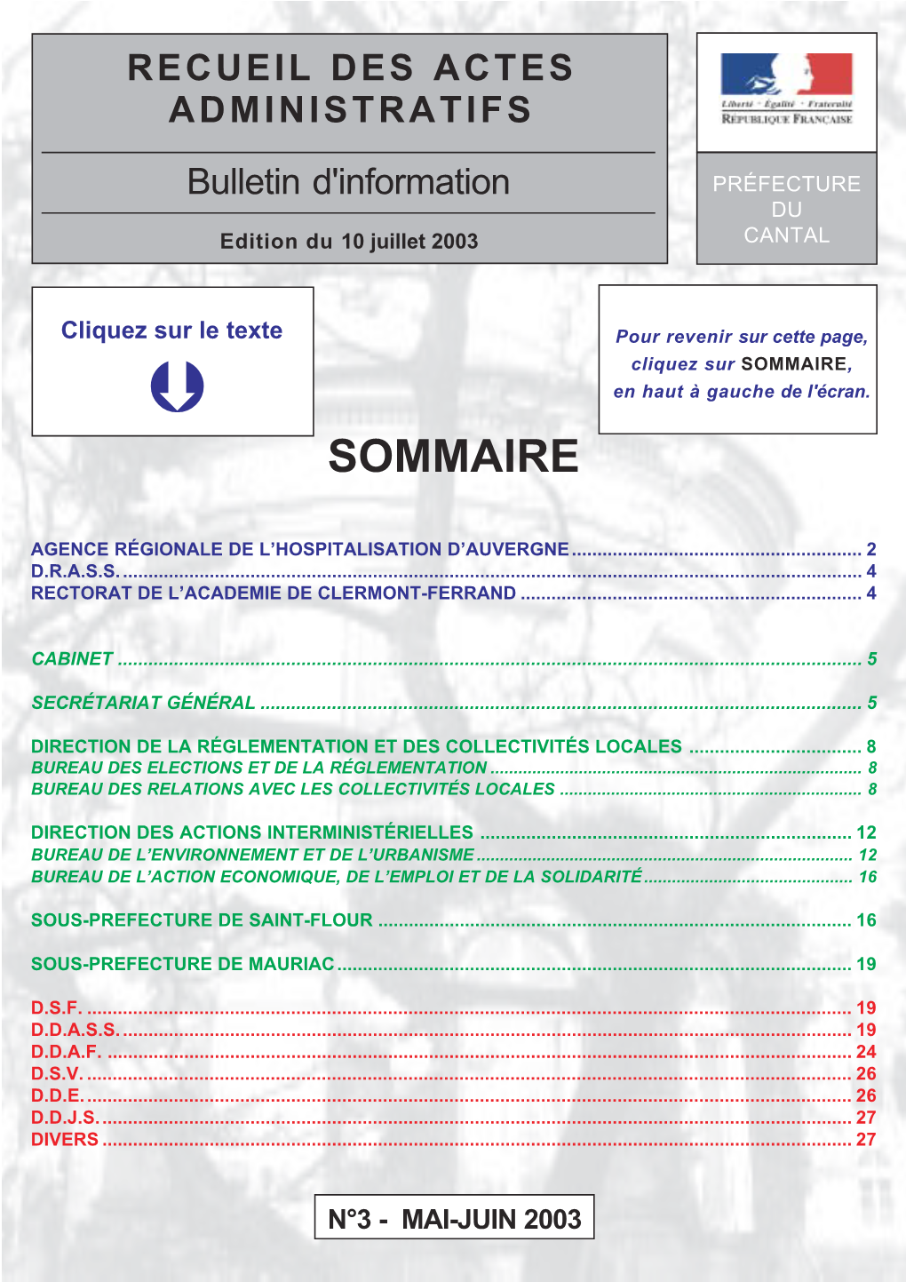 SOMMAIRE,  En Haut À Gauche De L'écran