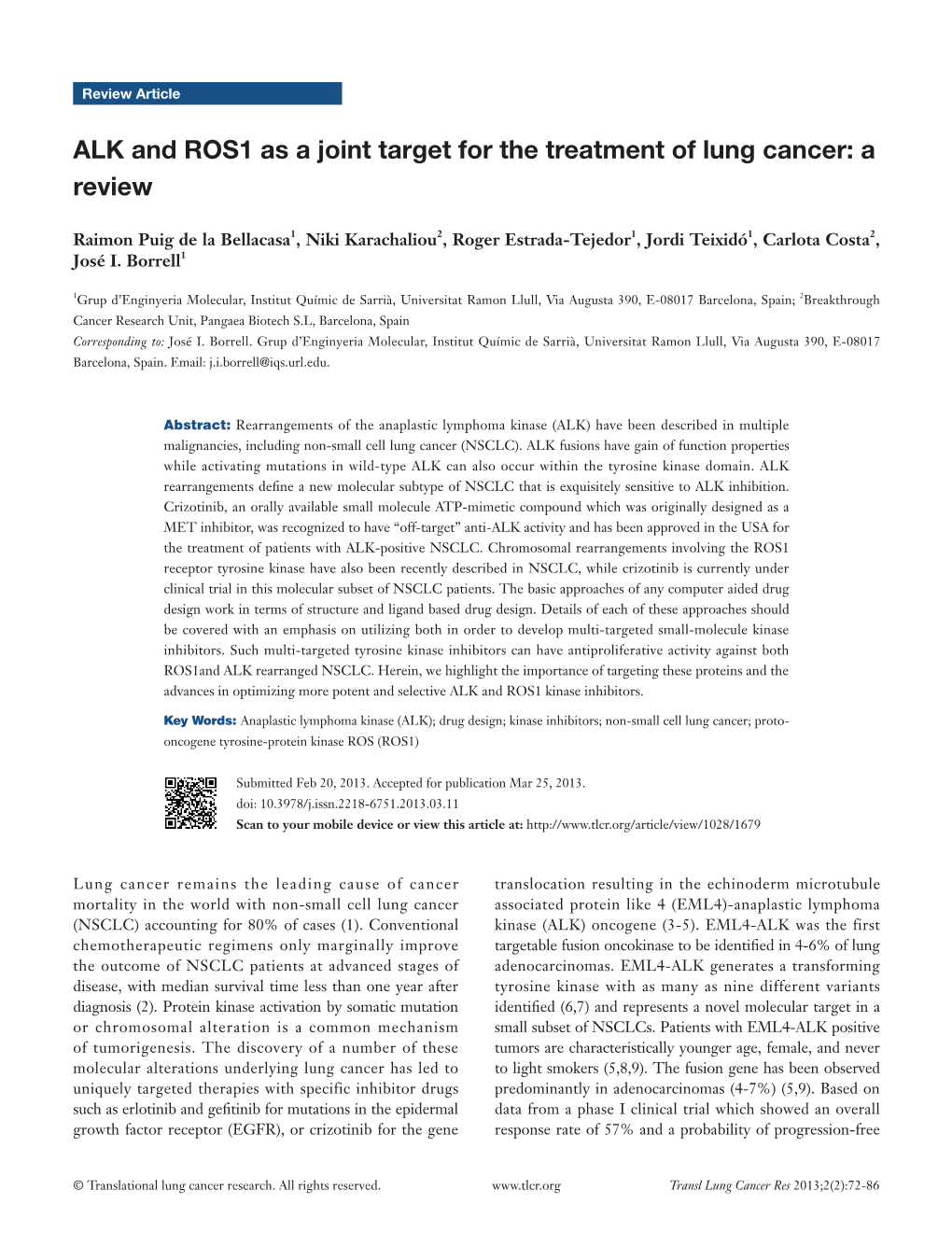 ALK and ROS1 As a Joint Target for the Treatment of Lung Cancer: a Review