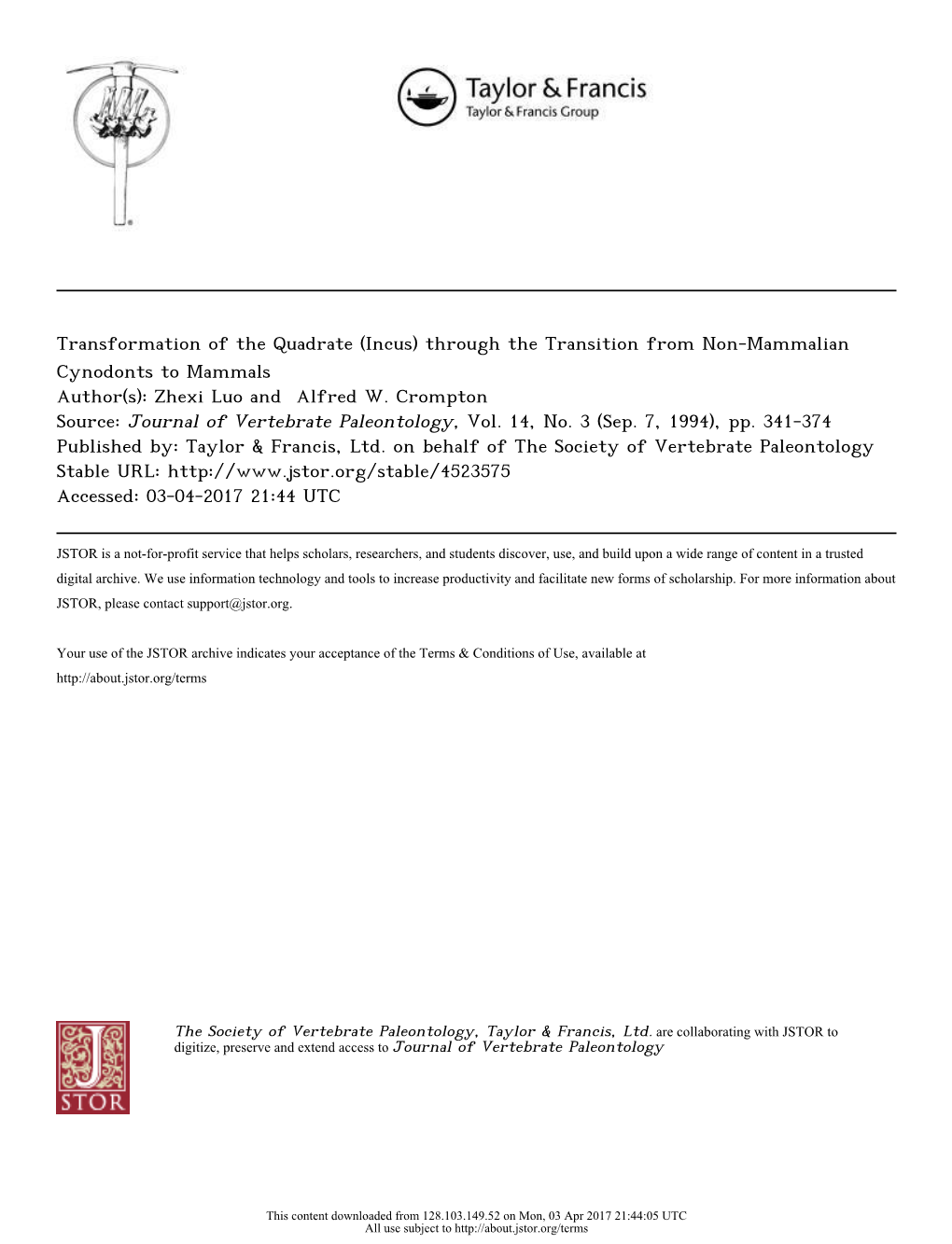 Transformation of the Quadrate (Incus) Through the Transition from Non-Mammalian Cynodonts to Mammals Author(S): Zhexi Luo and Alfred W