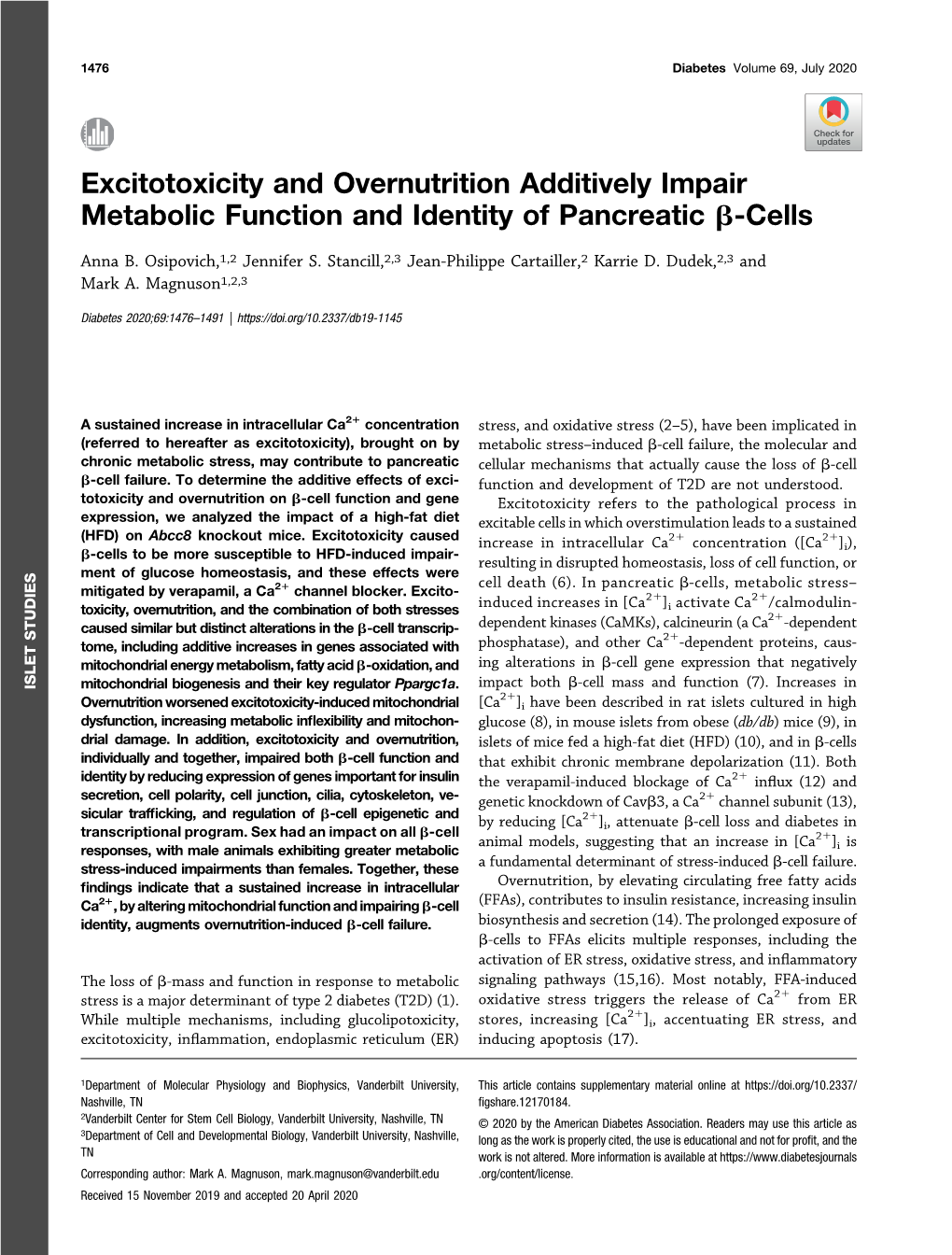 Excitotoxicity and Overnutrition Additively Impair Metabolic Function and Identity of Pancreatic B-Cells