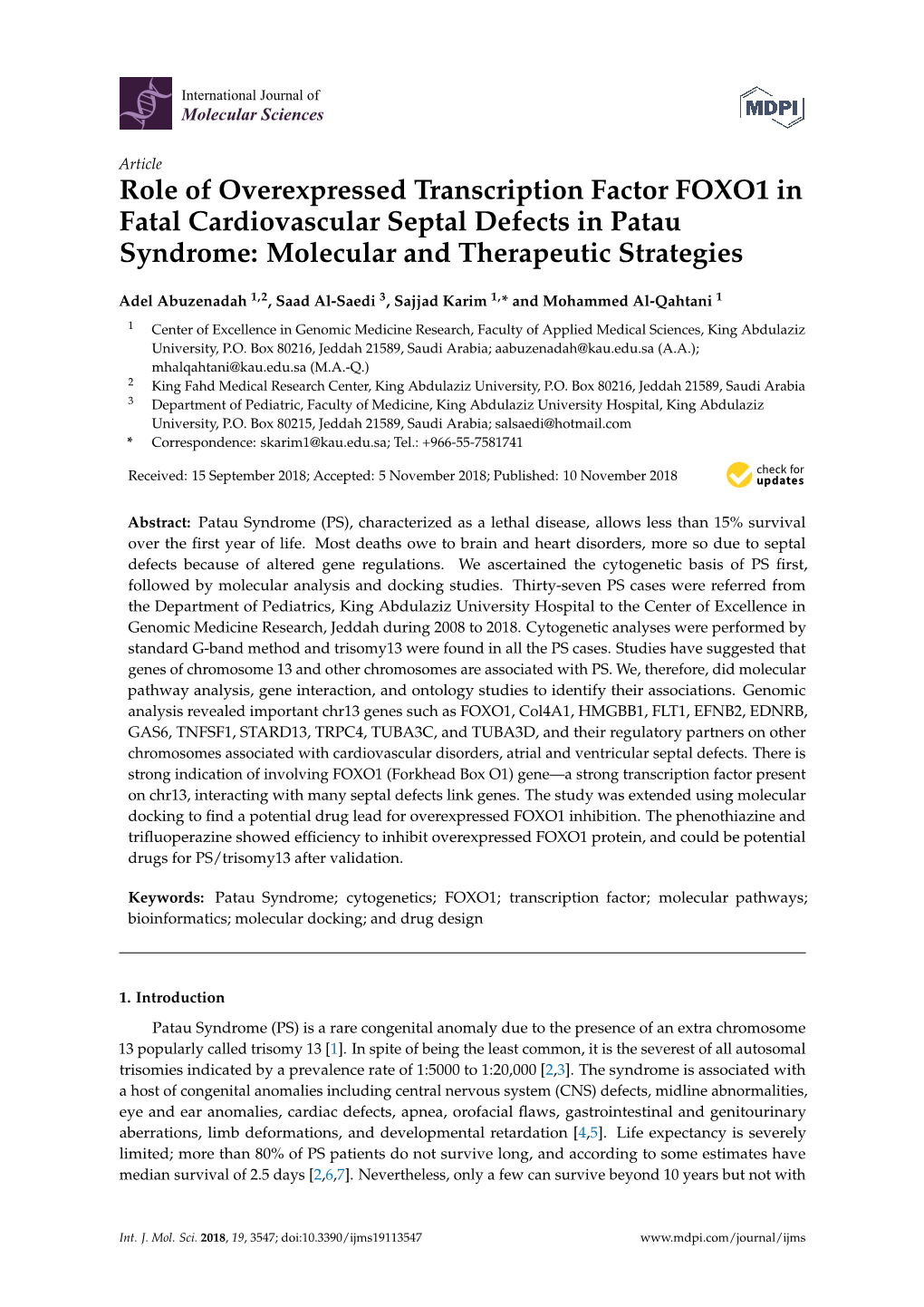 Role of Overexpressed Transcription Factor FOXO1 in Fatal Cardiovascular Septal Defects in Patau Syndrome: Molecular and Therapeutic Strategies