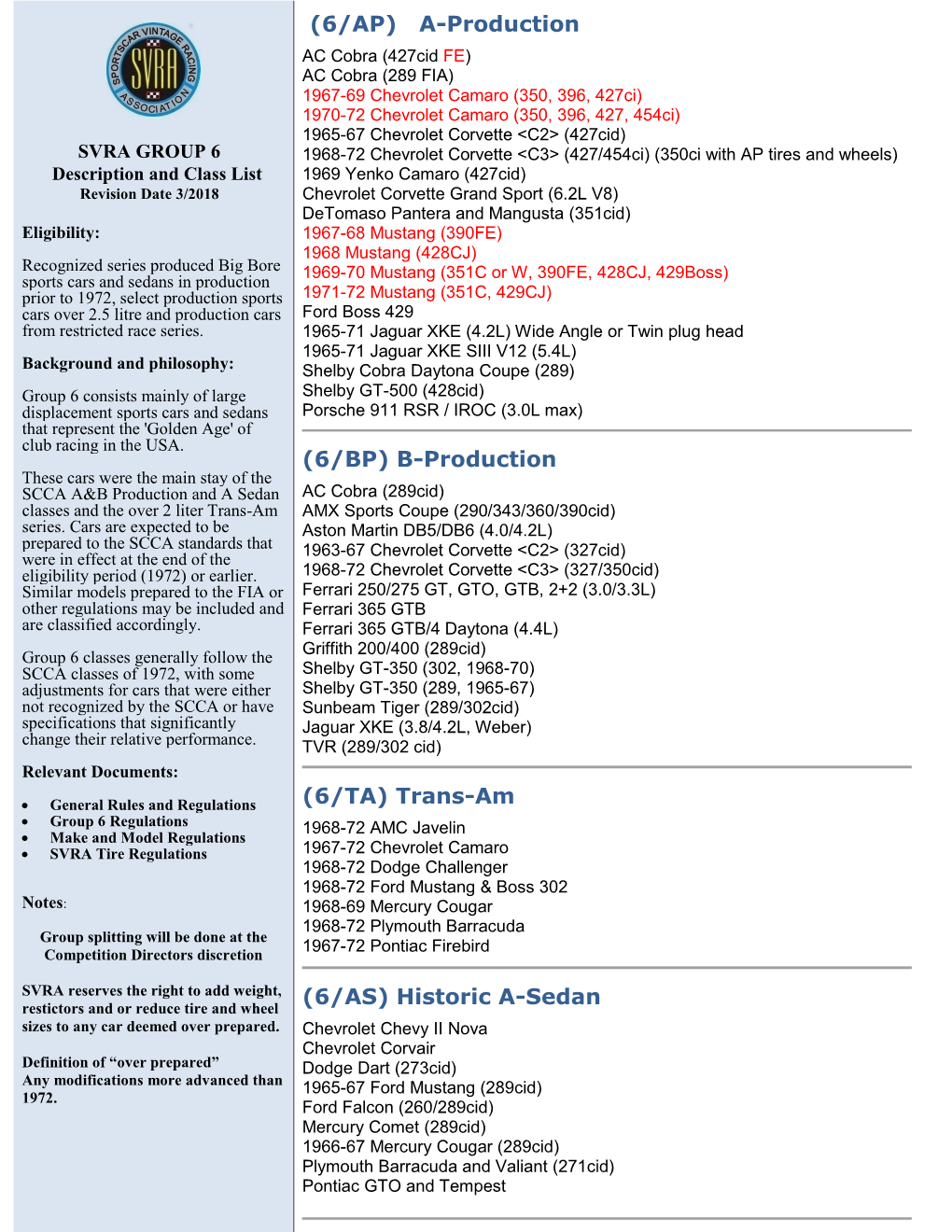 (6/BP) B-Production (6/TA) Trans-Am