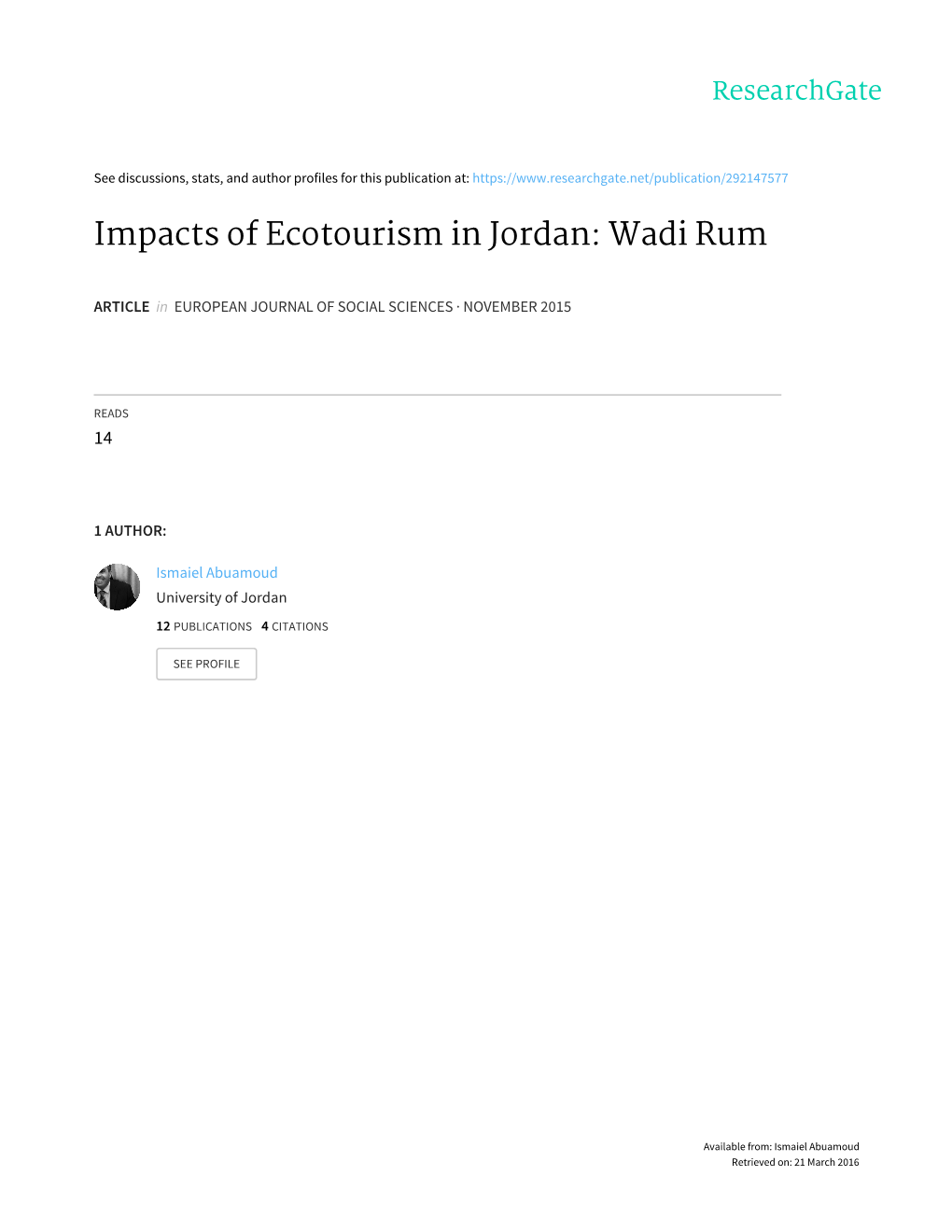 Impacts of Ecotourism in Jordan: Wadi Rum