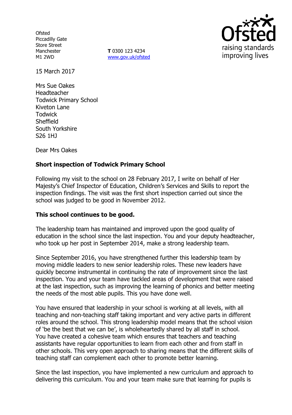 15 March 2017 Mrs Sue Oakes Headteacher Todwick Primary