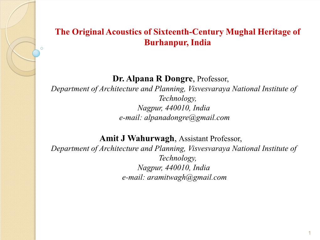 The Original Acoustics of Sixteenth-Century Mughal Heritage of Burhanpur, India