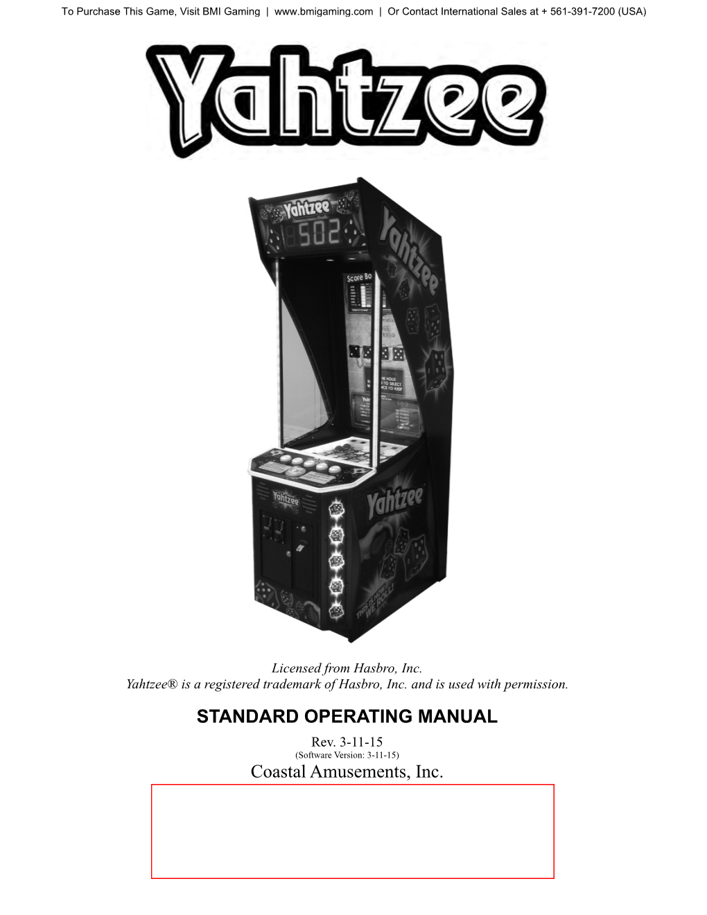 Yahtzee Arcade Service Manual