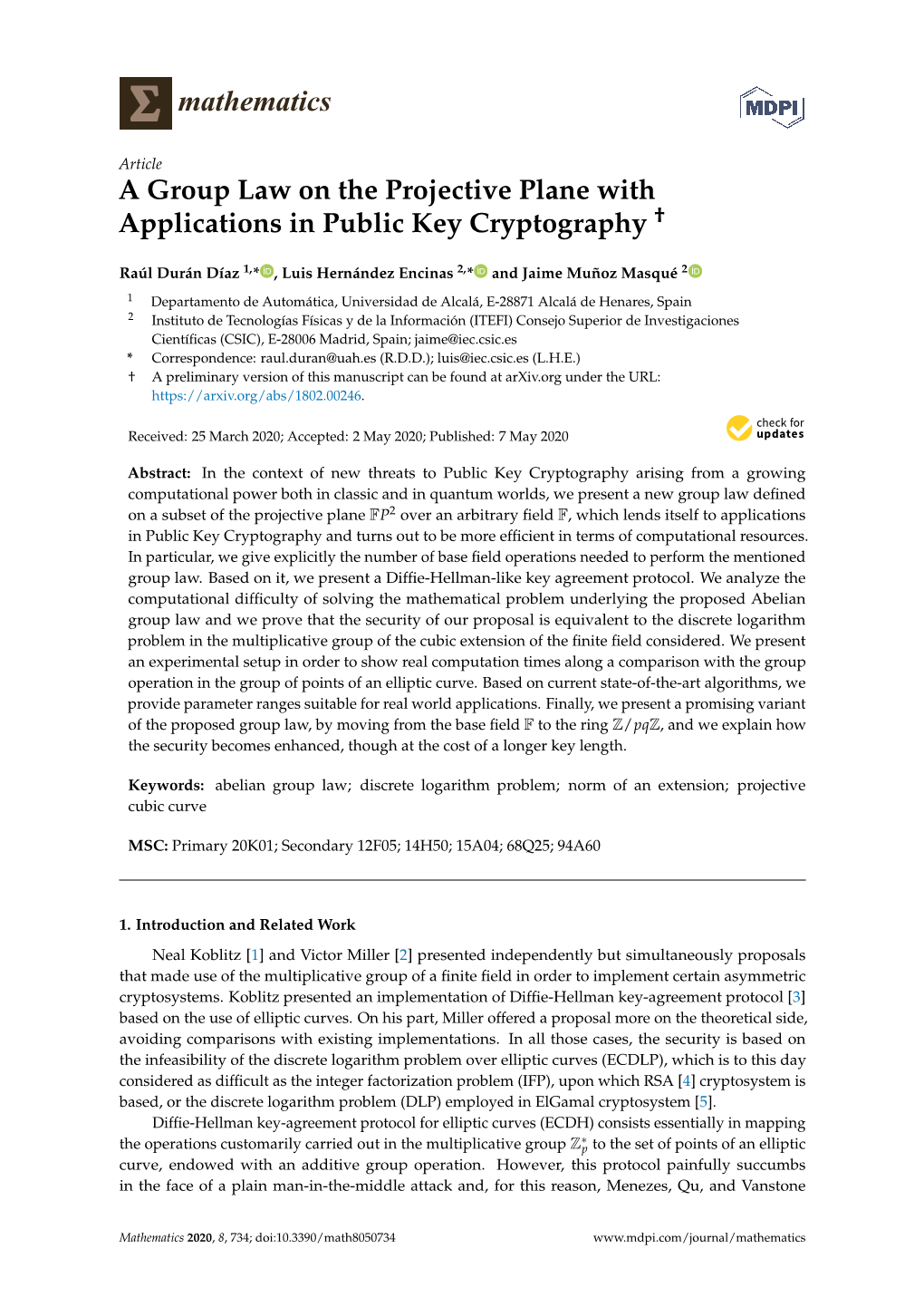 A Group Law on the Projective Plane with Applications in Public Key Cryptography †