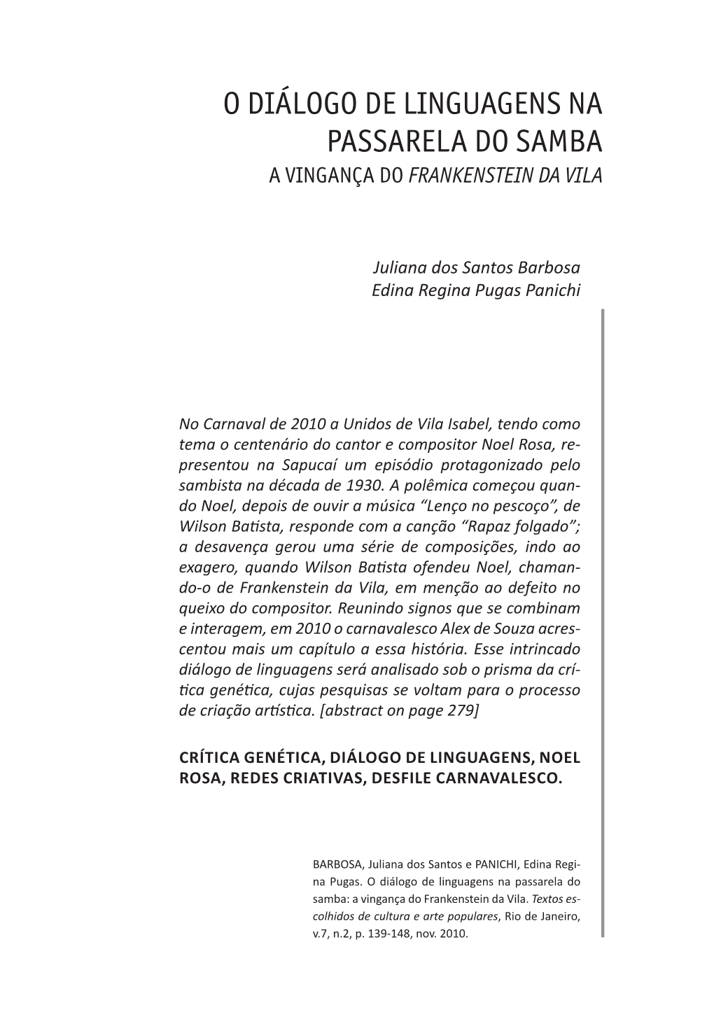 O Diálogo De Linguagens Na Passarela Do Samba a Vingança Do Frankenstein Da Vila