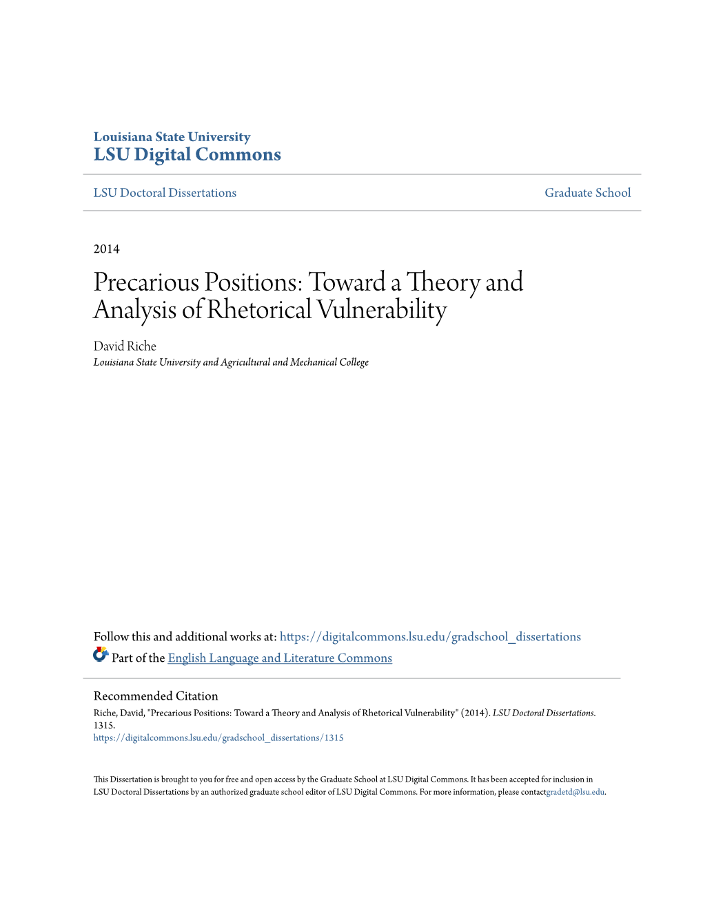 Toward a Theory and Analysis of Rhetorical Vulnerability David Riche Louisiana State University and Agricultural and Mechanical College
