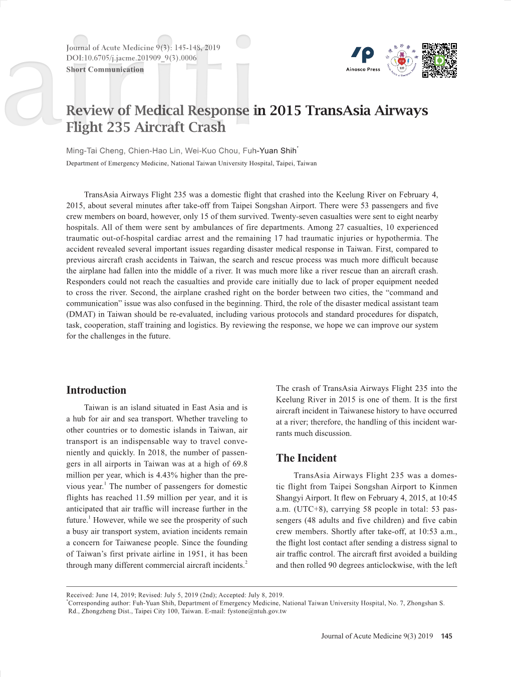 Review of Medical Response in 2015 Transasia Airways Flight 235 Aircraft Crash