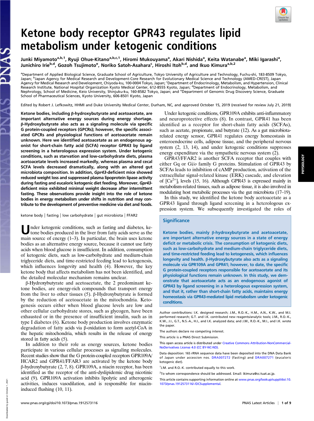 Ketone Body Receptor GPR43 Regulates Lipid Metabolism Under Ketogenic Conditions