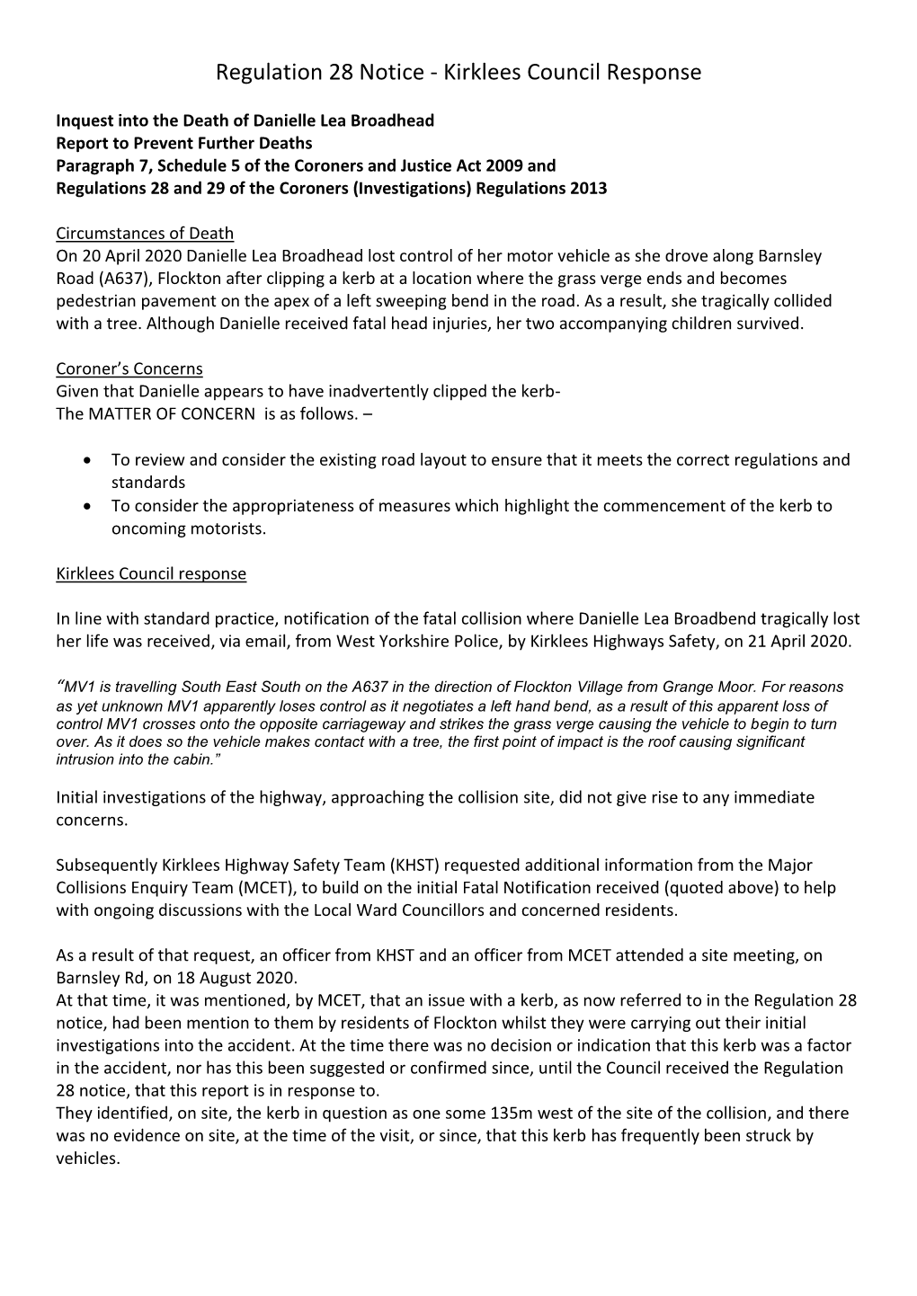 Regulation 28 Notice - Kirklees Council Response