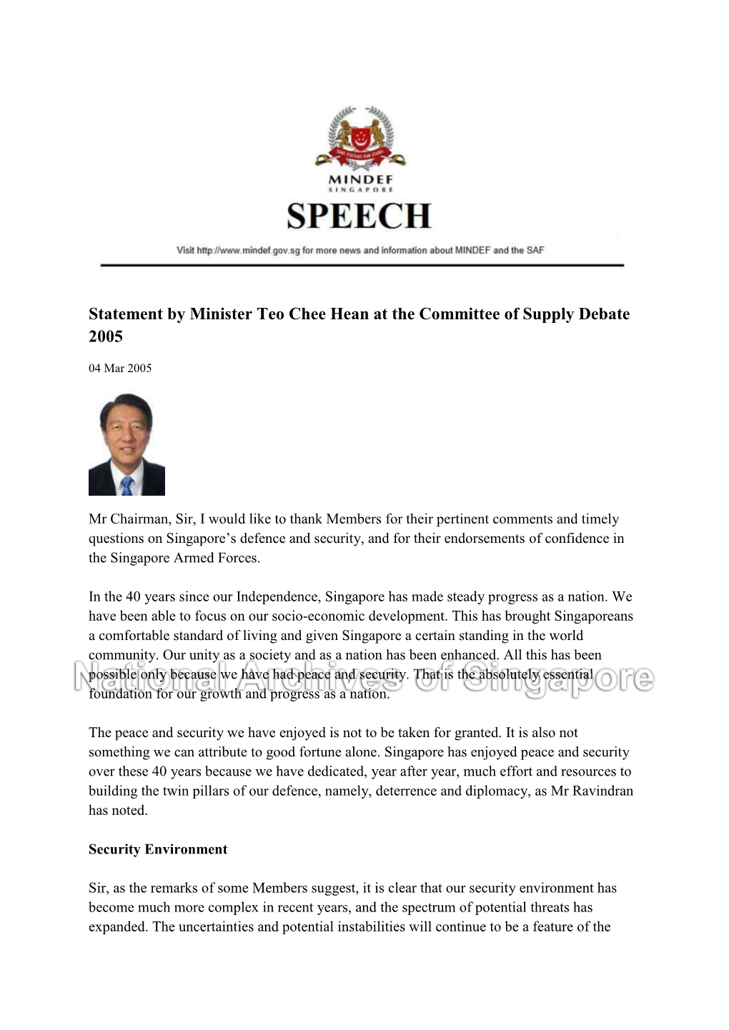 Statement by Minister Teo Chee Hean at the Committee of Supply Debate 2005