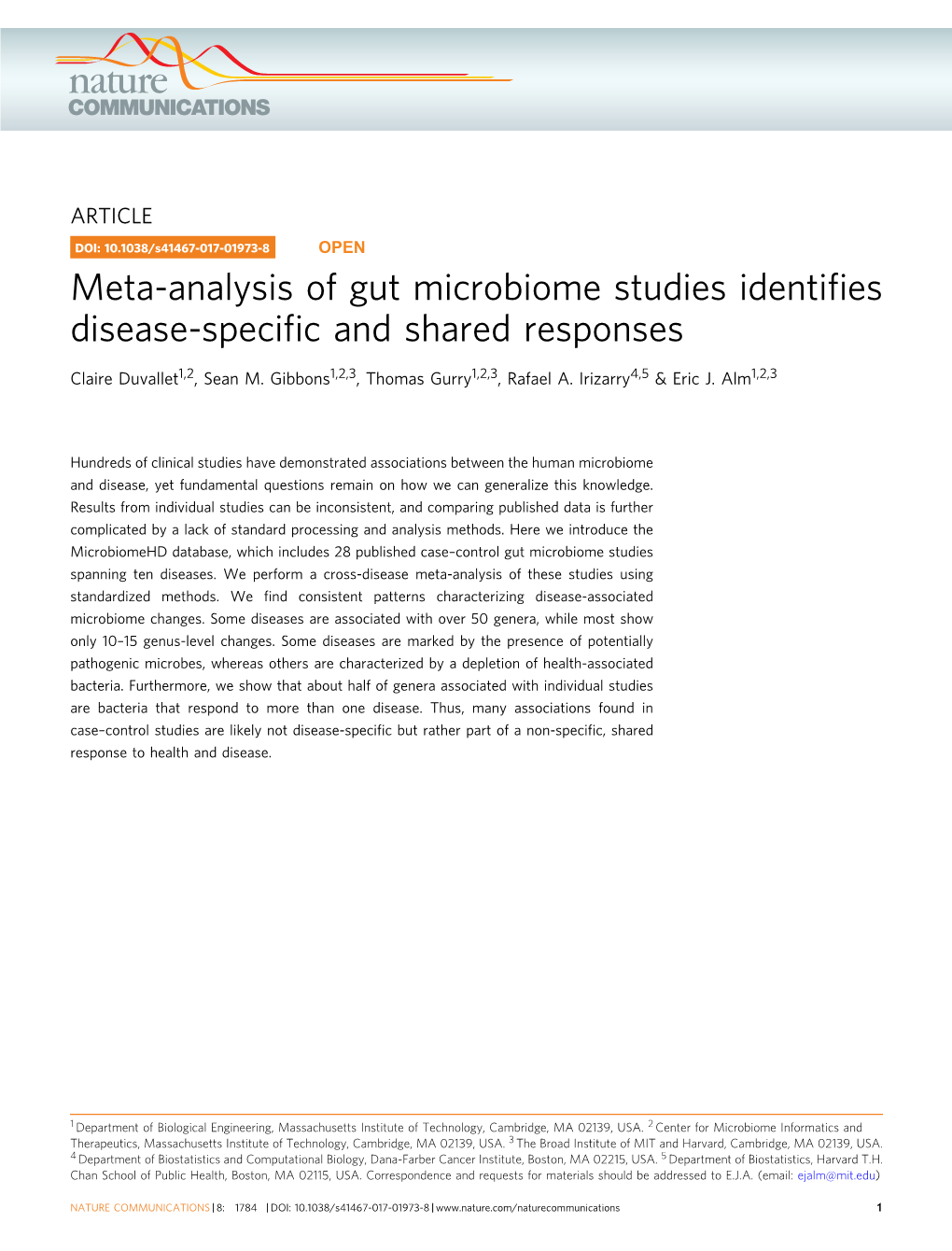 Meta-Analysis of Gut Microbiome Studies Identifies Disease-Specific