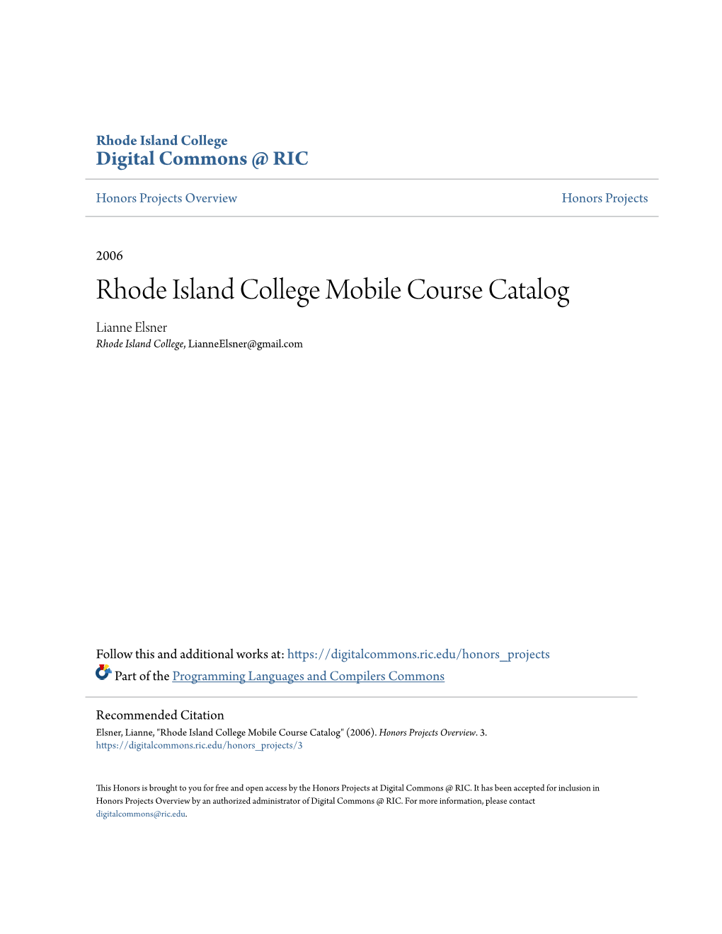 Rhode Island College Mobile Course Catalog Lianne Elsner Rhode Island College, Lianneelsner@Gmail.Com