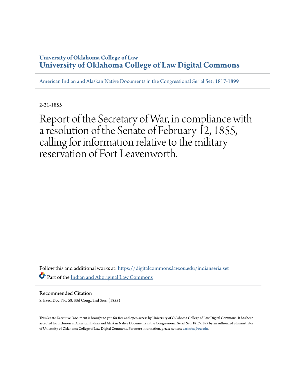 Report of the Secretary of War, in Compliance with a Resolution of The