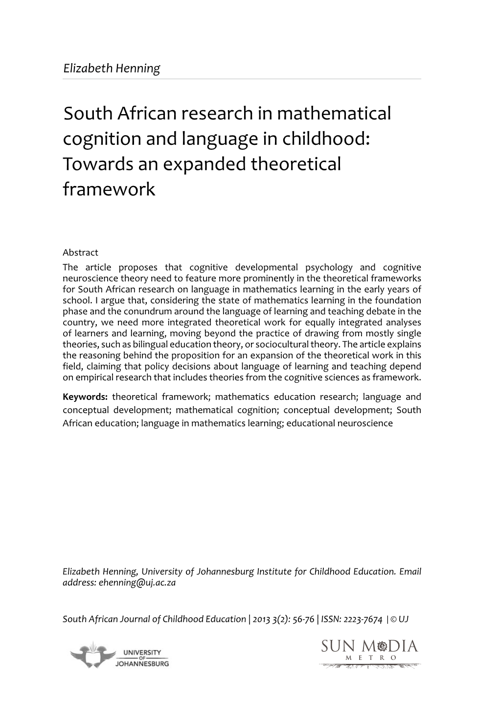 South African Research in Mathematical Cognition and Language in Childhood: Towards an Expanded Theoretical Framework