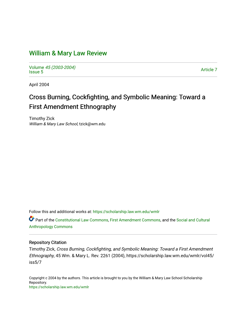 Cross Burning, Cockfighting, and Symbolic Meaning: Toward a First Amendment Ethnography