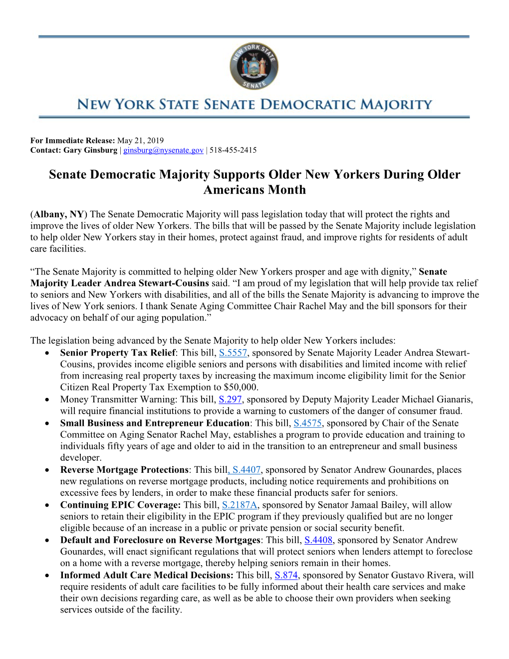 Senate Democratic Majority Supports Older New Yorkers During Older Americans Month