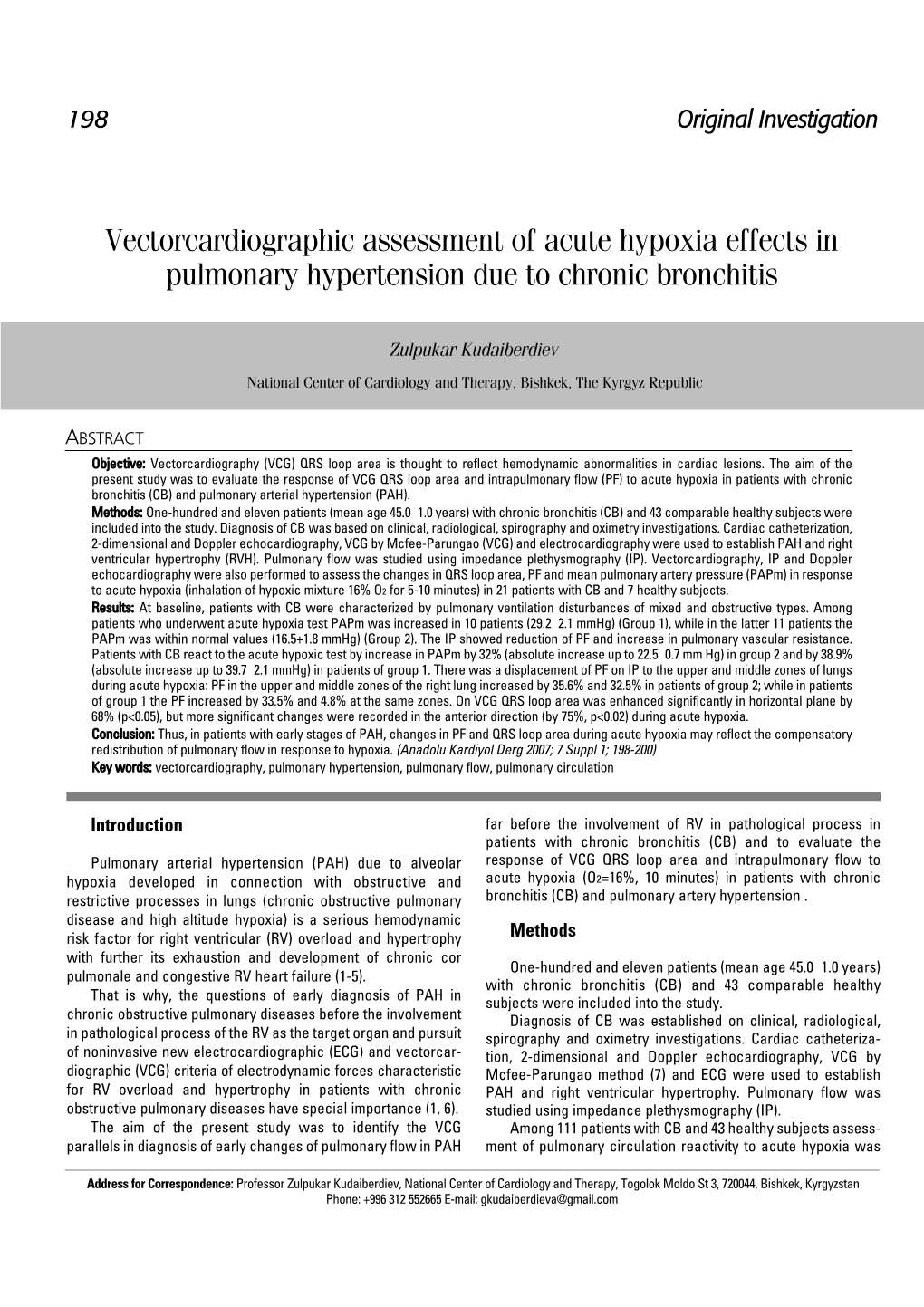 Vectorcardiographic Assessment of Acute Hypoxia Effects in Pulmonary Hypertension Due to Chronic Bronchitis